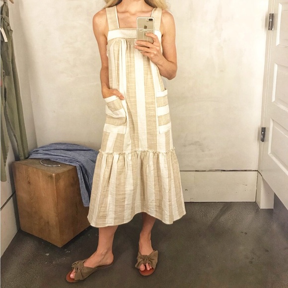 Anthropologie Dresses & Skirts - ANTHROPOLOGIE Maeve Tonal Striped Midi Dress Ivory Tan Sleeveless Pockets sz S